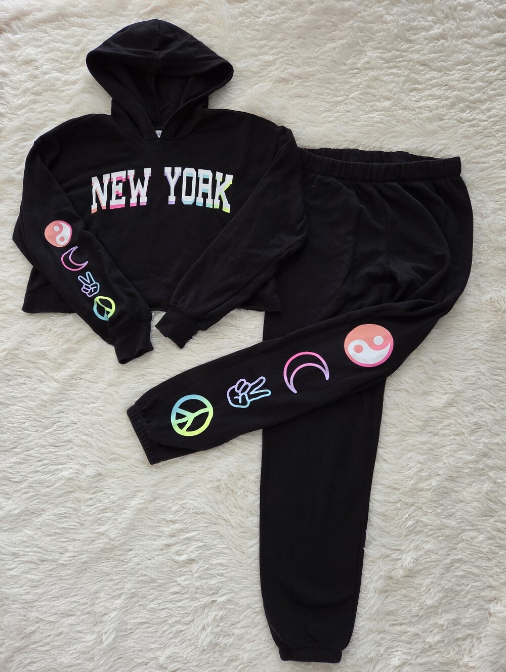 Sugar & Jade New York Black Multicolor Pullover Hoodie Jogger Girls Size 12/14